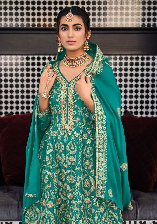 Sea Blue Color Georgette With HeavyEmbroidery Work Straghit Sharara Suit - Joshindia