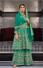 Sea Blue Color Georgette With HeavyEmbroidery Work Straghit Sharara Suit - Joshindia