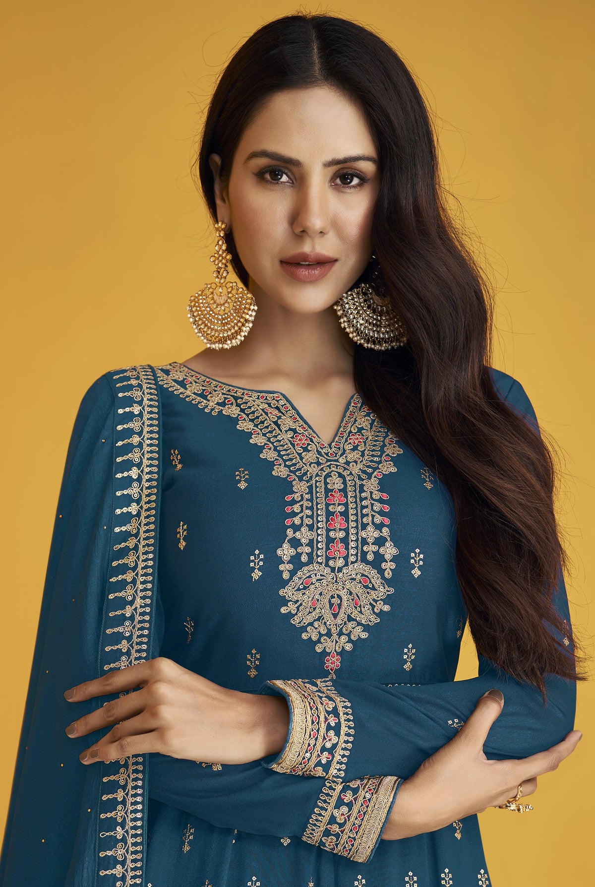 Blue color Faux Georgette With Embroidery Work Long Anarkali Salwar Suit - Joshindia