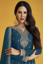 Blue color Faux Georgette With Embroidery Work Long Anarkali Salwar Suit - Joshindia