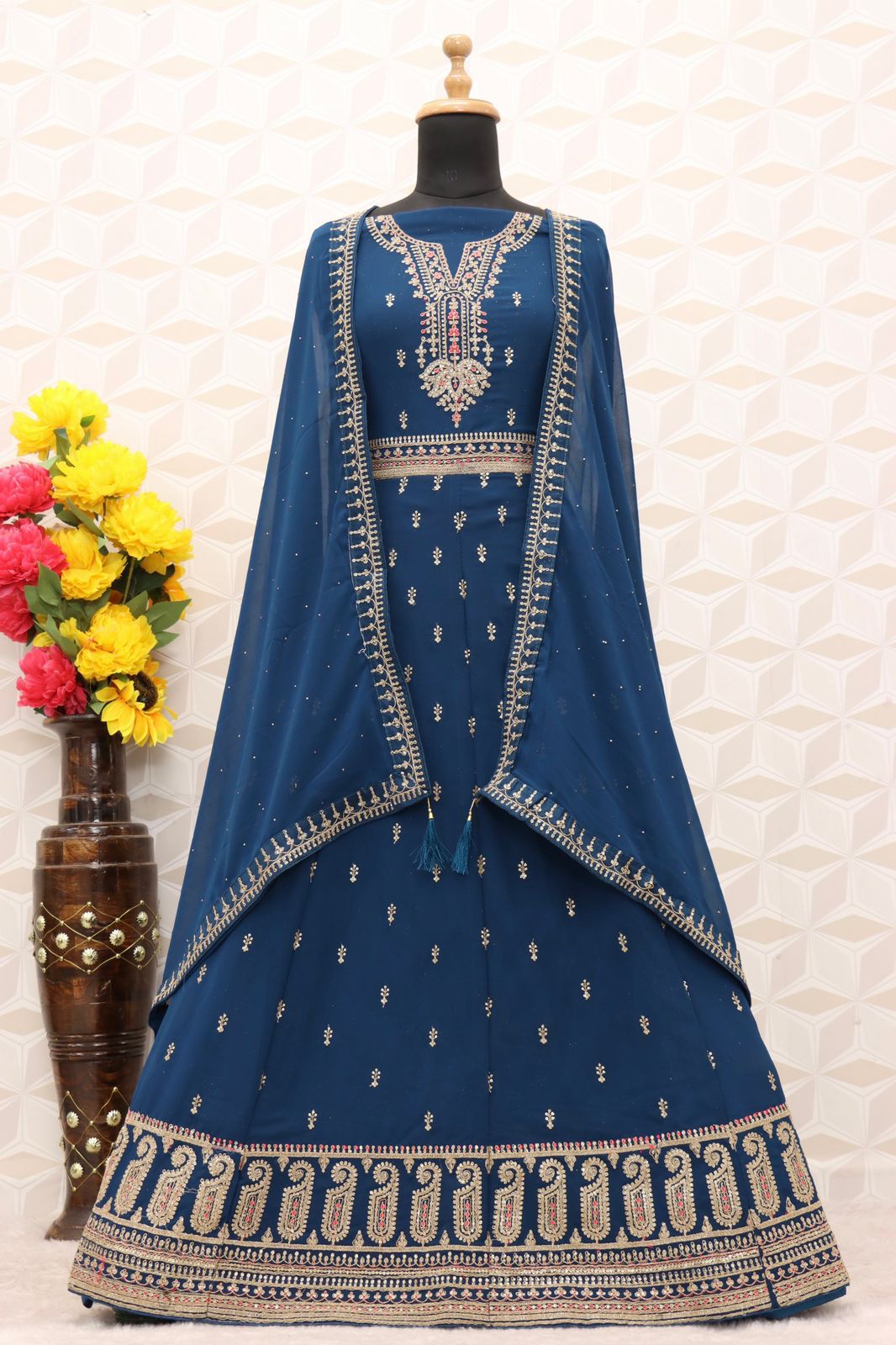 Blue color Faux Georgette With Embroidery Work Long Anarkali Salwar Suit - Joshindia