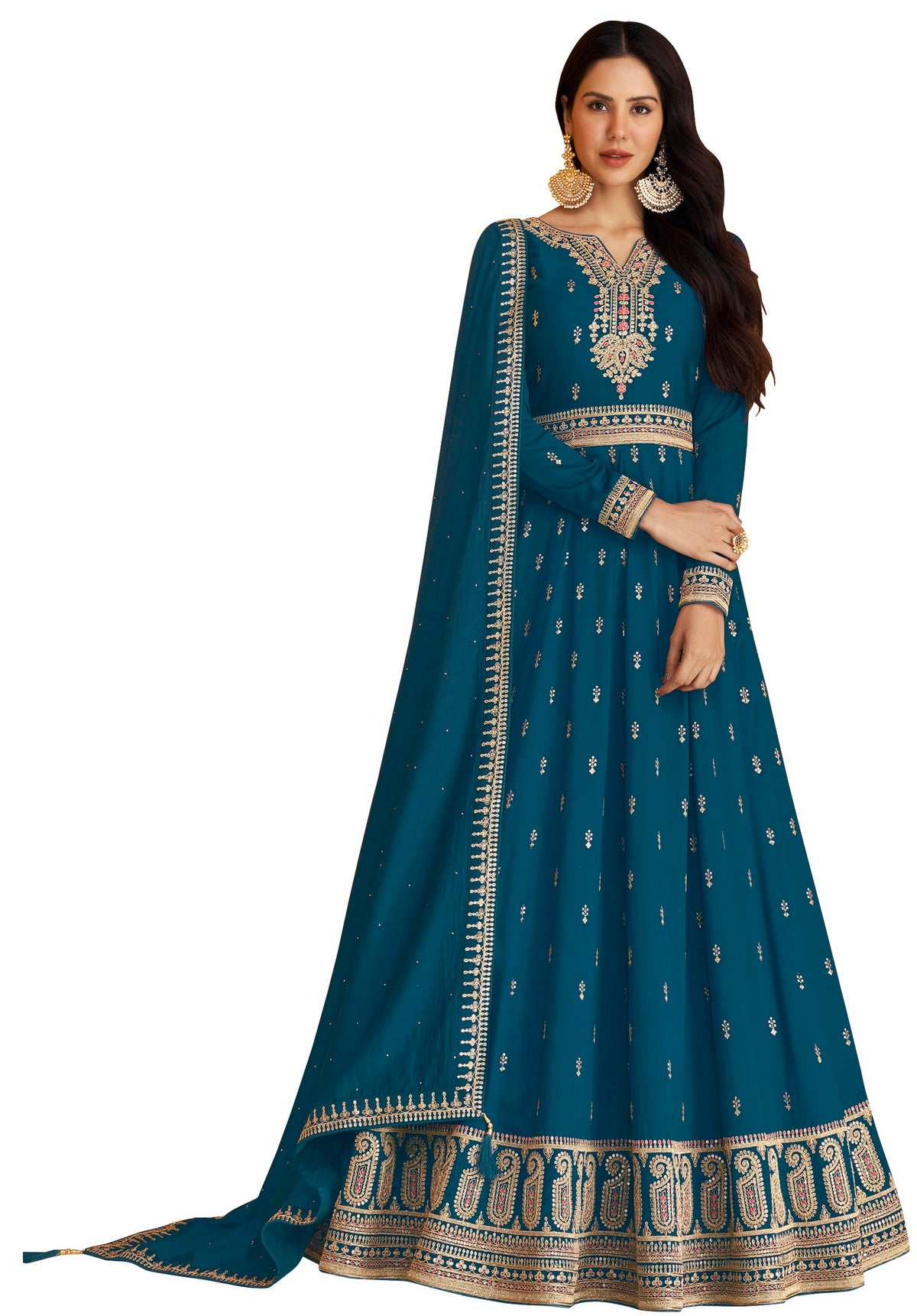 Blue color Faux Georgette With Embroidery Work Long Anarkali Salwar Suit - Joshindia