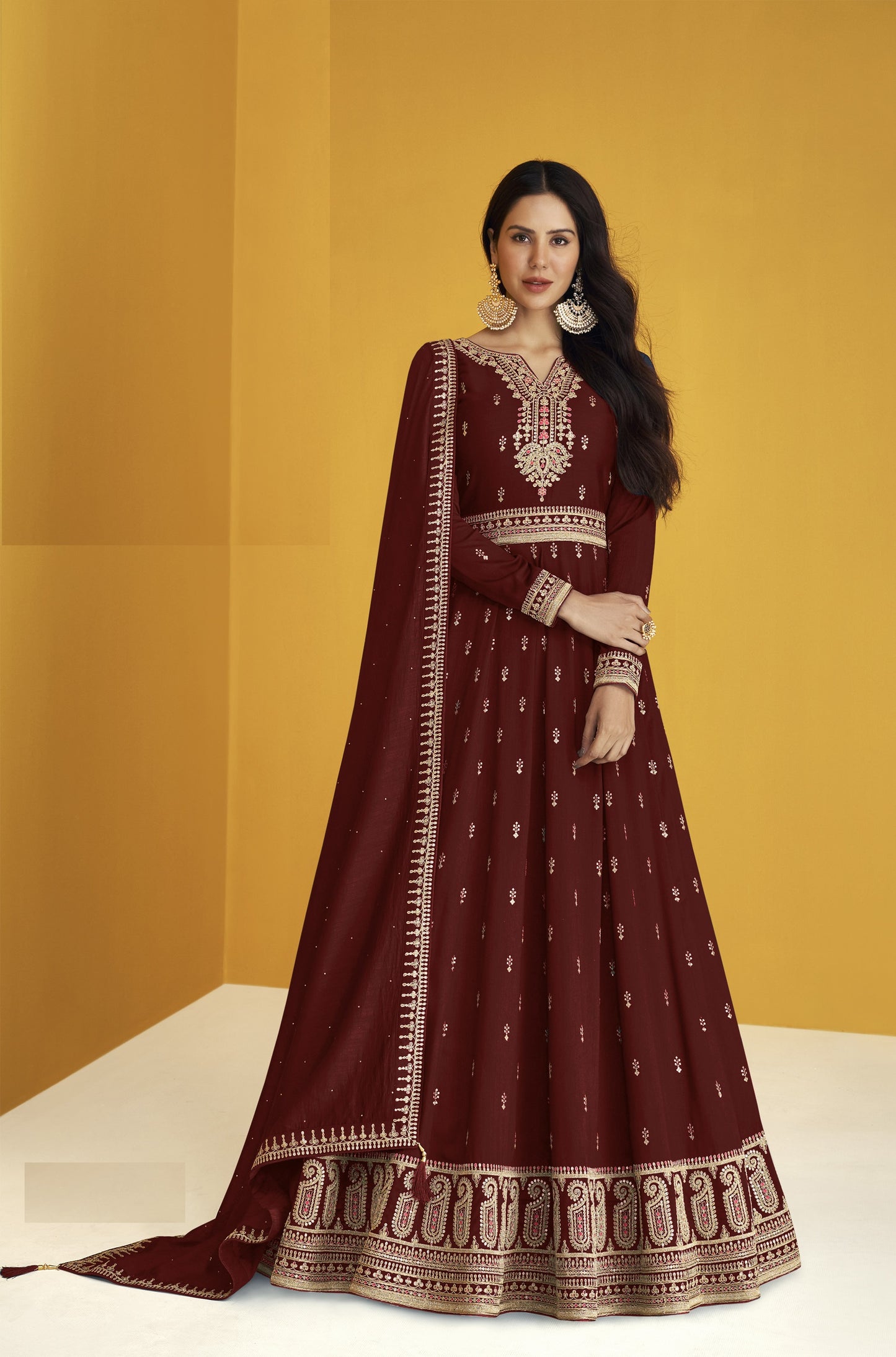 Maroon color Faux Georgette With Embroidery Work Long Anarkali Salwar Suit