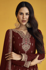 Maroon color Faux Georgette With Embroidery Work Long Anarkali Salwar Suit - Joshindia