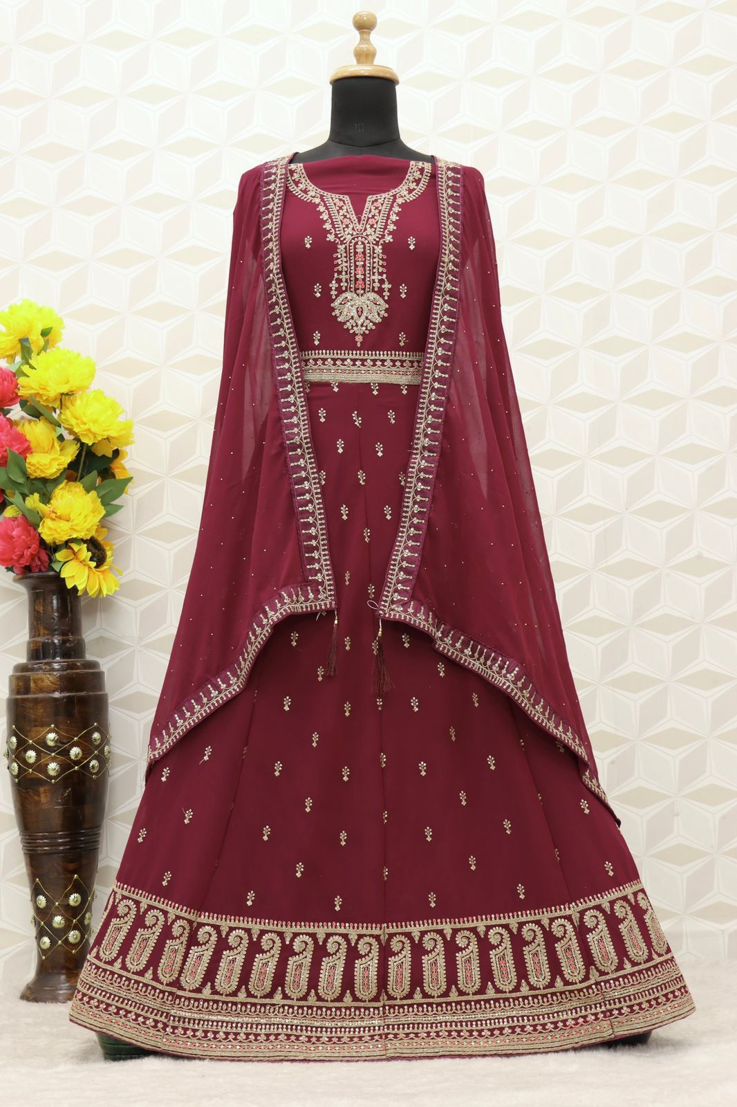 Maroon color Faux Georgette With Embroidery Work Long Anarkali Salwar Suit - Joshindia