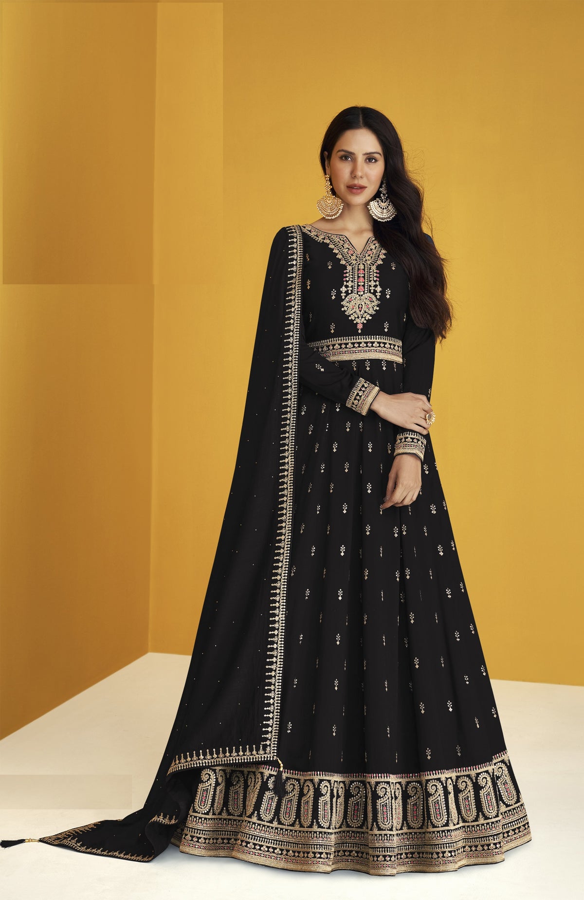 Black color Faux Georgette With Embroidery Work Long Anarkali Salwar Suit - Joshindia