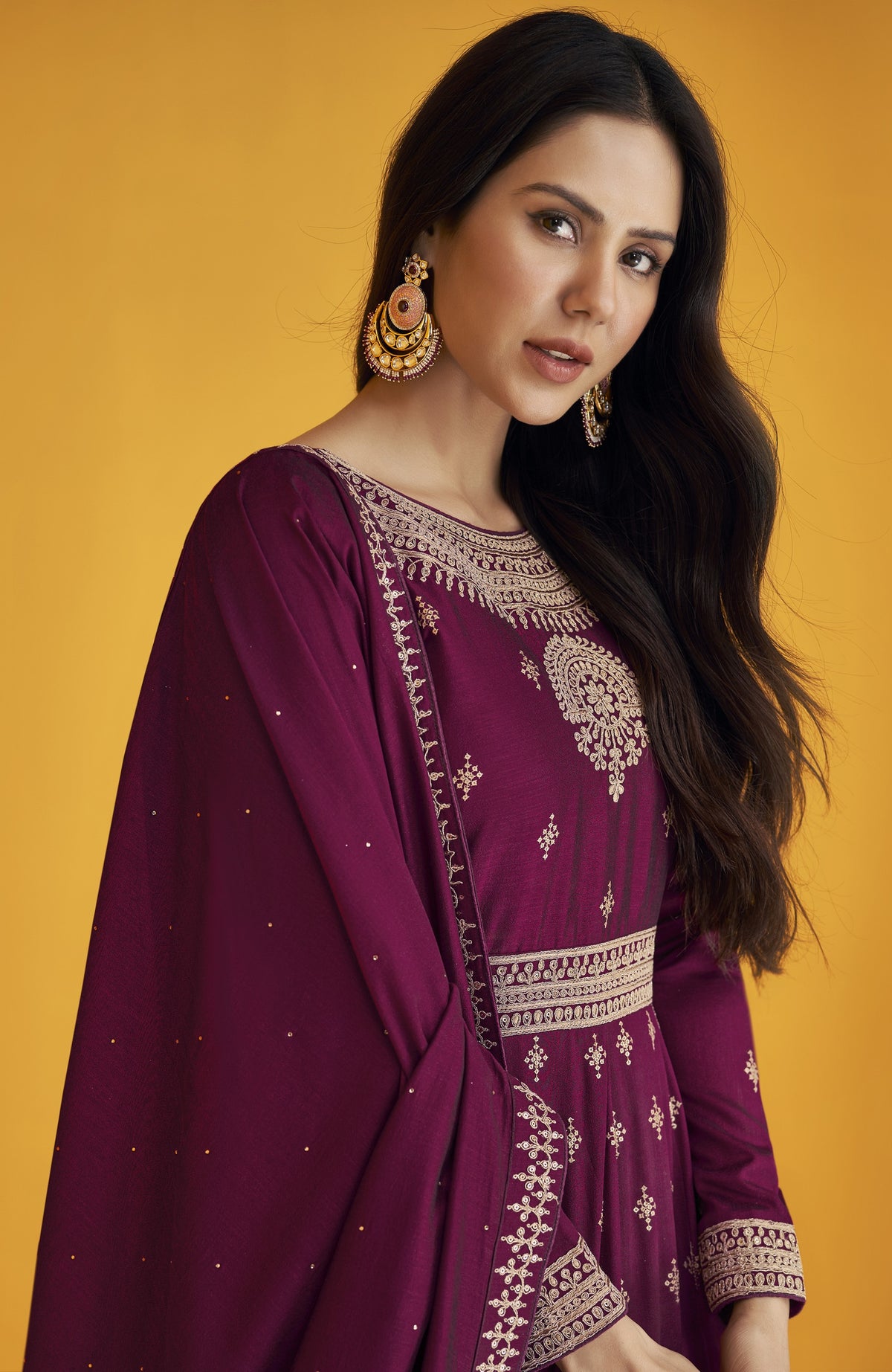 Purple Color Faux Georgette With Embroidery Work Gown Anarkali Suit - Joshindia
