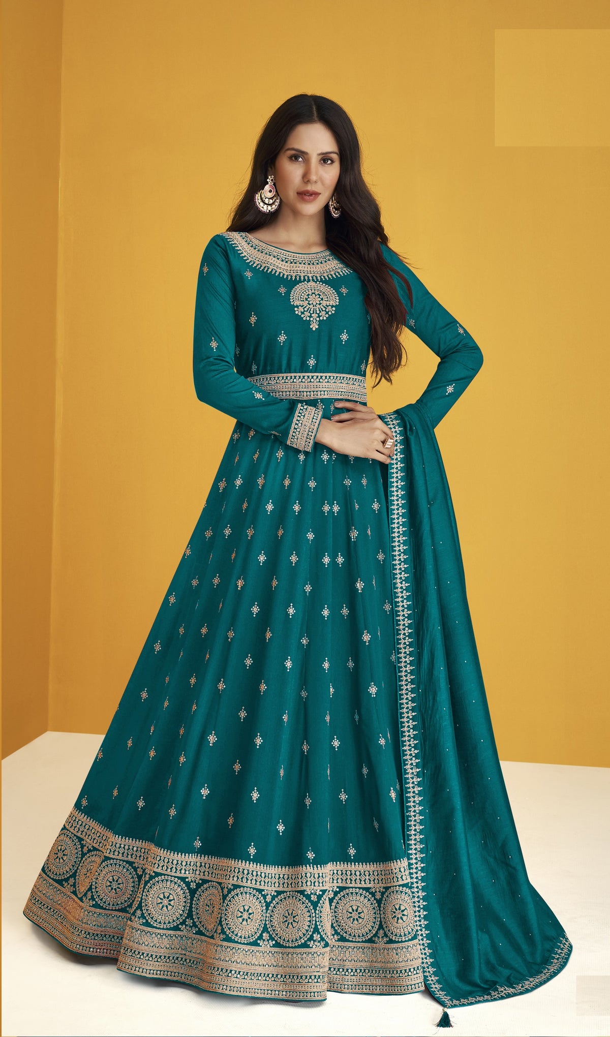 Sea Blue Color Faux Georgette With Embroidery Work Gown Anarkali Suit - Joshindia