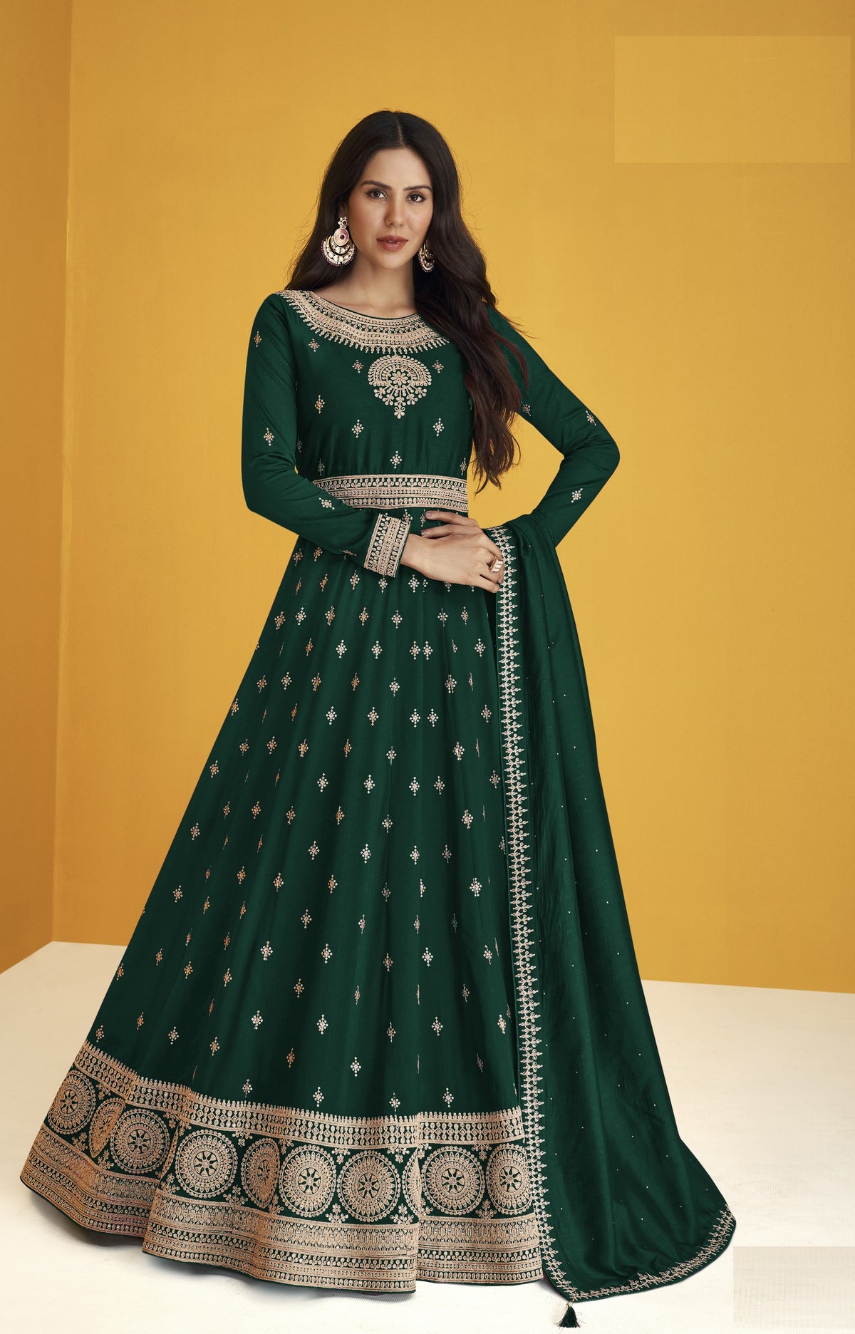 Green Color Faux Georgette With Embroidery Work Gown Anarkali Suit - Joshindia