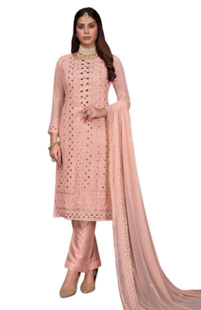 Peach color Faux Gerogette With Embroidery Work Staright Salwar Suit - Joshindia