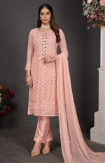 Peach color Faux Gerogette With Embroidery Work Staright Salwar Suit - Joshindia
