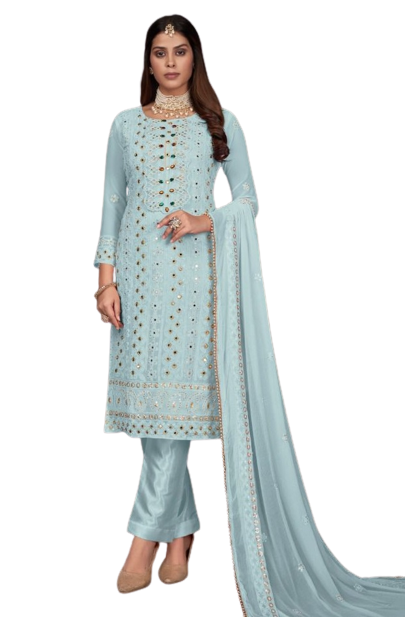 Blue color Faux Gerogette With Embroidery Work Staright Salwar Suit - Joshindia