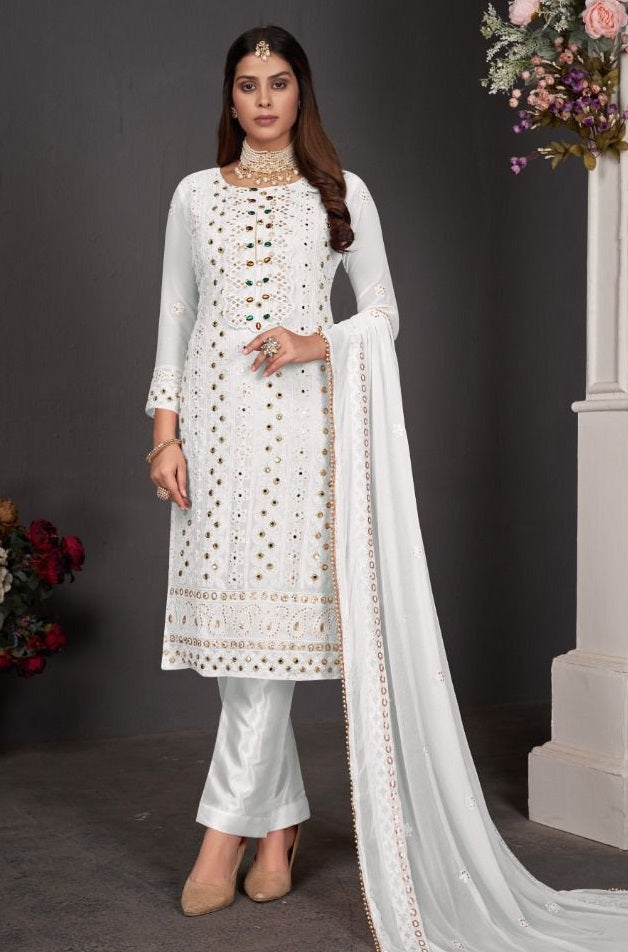 White color Faux Gerogette With Embroidery Work Staright Salwar Suit - Joshindia