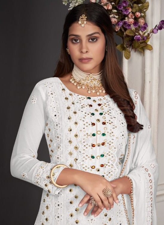 White color Faux Gerogette With Embroidery Work Staright Salwar Suit - Joshindia