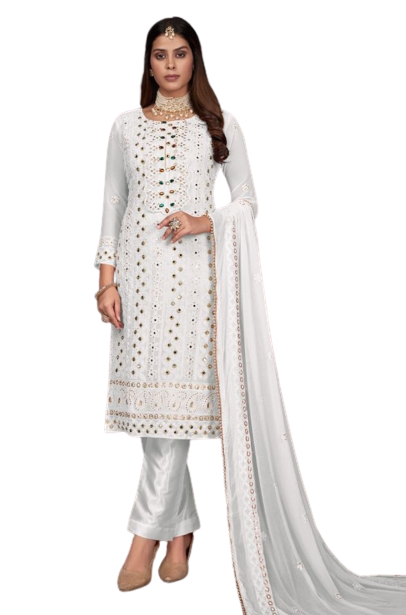 White color Faux Gerogette With Embroidery Work Staright Salwar Suit - Joshindia