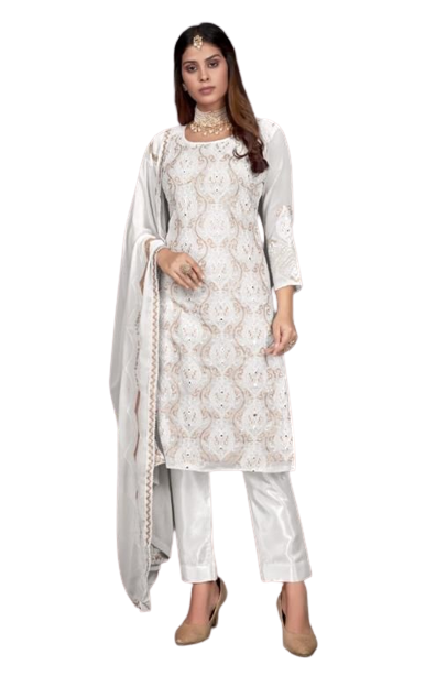 White Color Faux Georgette Straight Salwar Suit