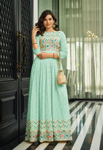 Pista Color Faux Georgette Heavy Embroidery Work Gown Anarkali Salwar Suit - Joshindia