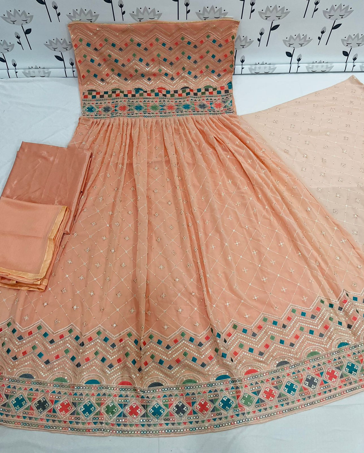 Peach Color Faux Georgette Heavy Embroidery Work Gown Anarkali Salwar Suit - Joshindia