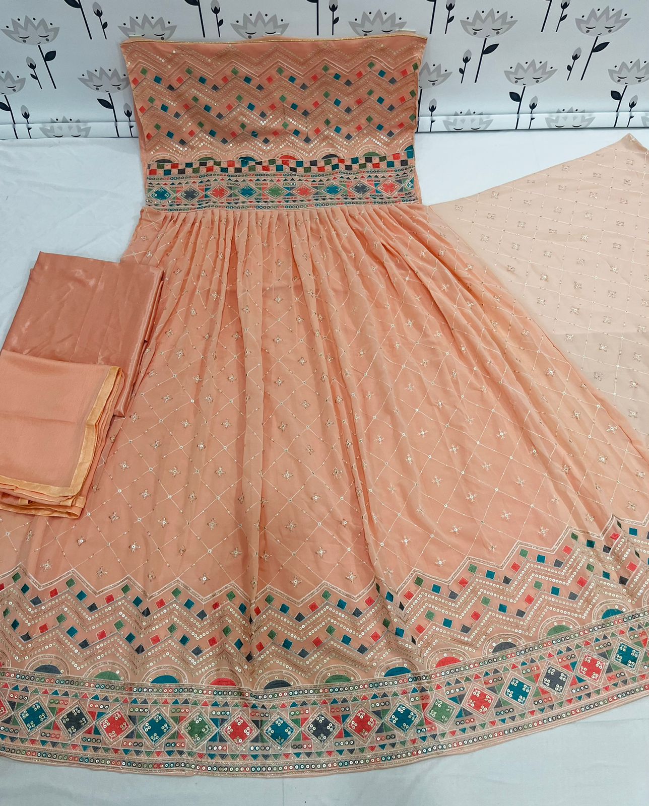 Peach Color Faux Georgette Heavy Embroidery Work Gown Anarkali Salwar Suit