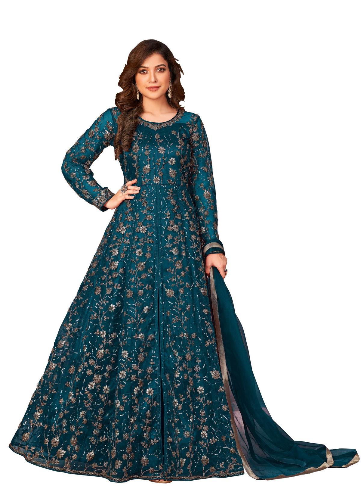 Sea Blue Color Soft Net Heavy Embroidery Work Anarkali Suit - Joshindia