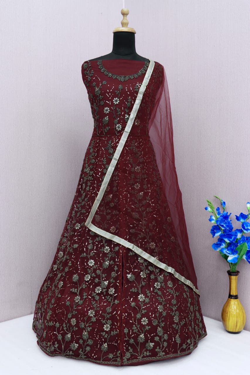 Maroon Color Soft Net Heavy Embroidery Work Anarkali Suit - Joshindia