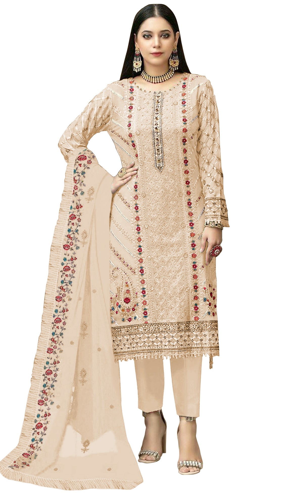 Peach Color Georgette With Embroidery Work Semi Stitch Pakistani Salwar Suit - Joshindia