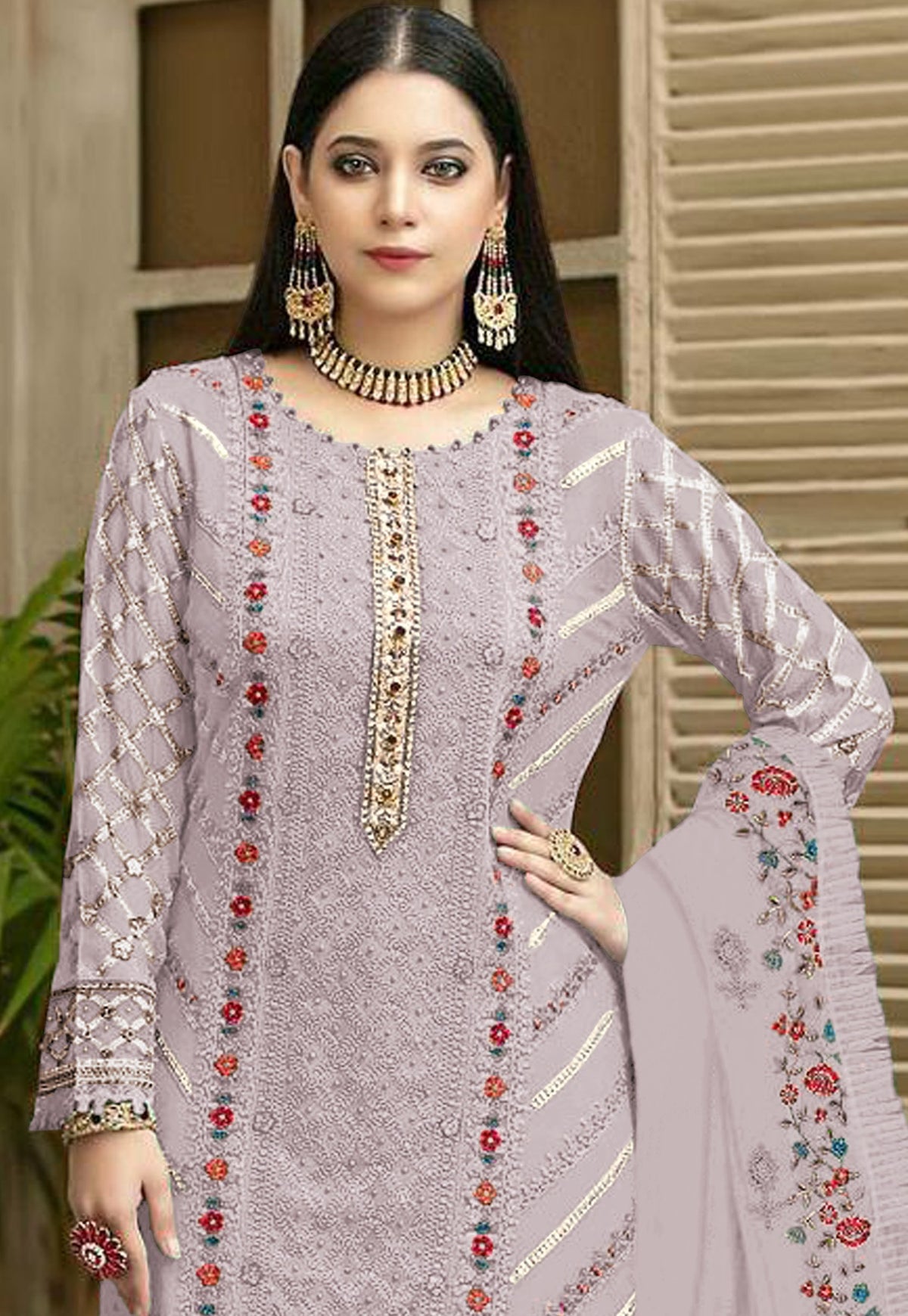 Purple Color Georgette With Embroidery Work Semi Stitch Pakistani Salwar Suit - Joshindia