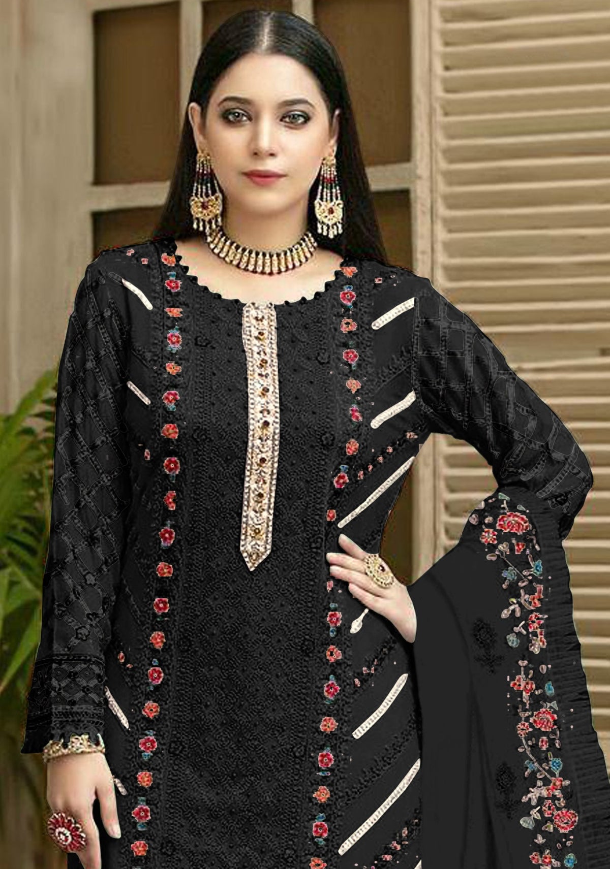 Black Color Georgette With Embroidery Work Semi Stitch Pakistani Salwar Suit - Joshindia