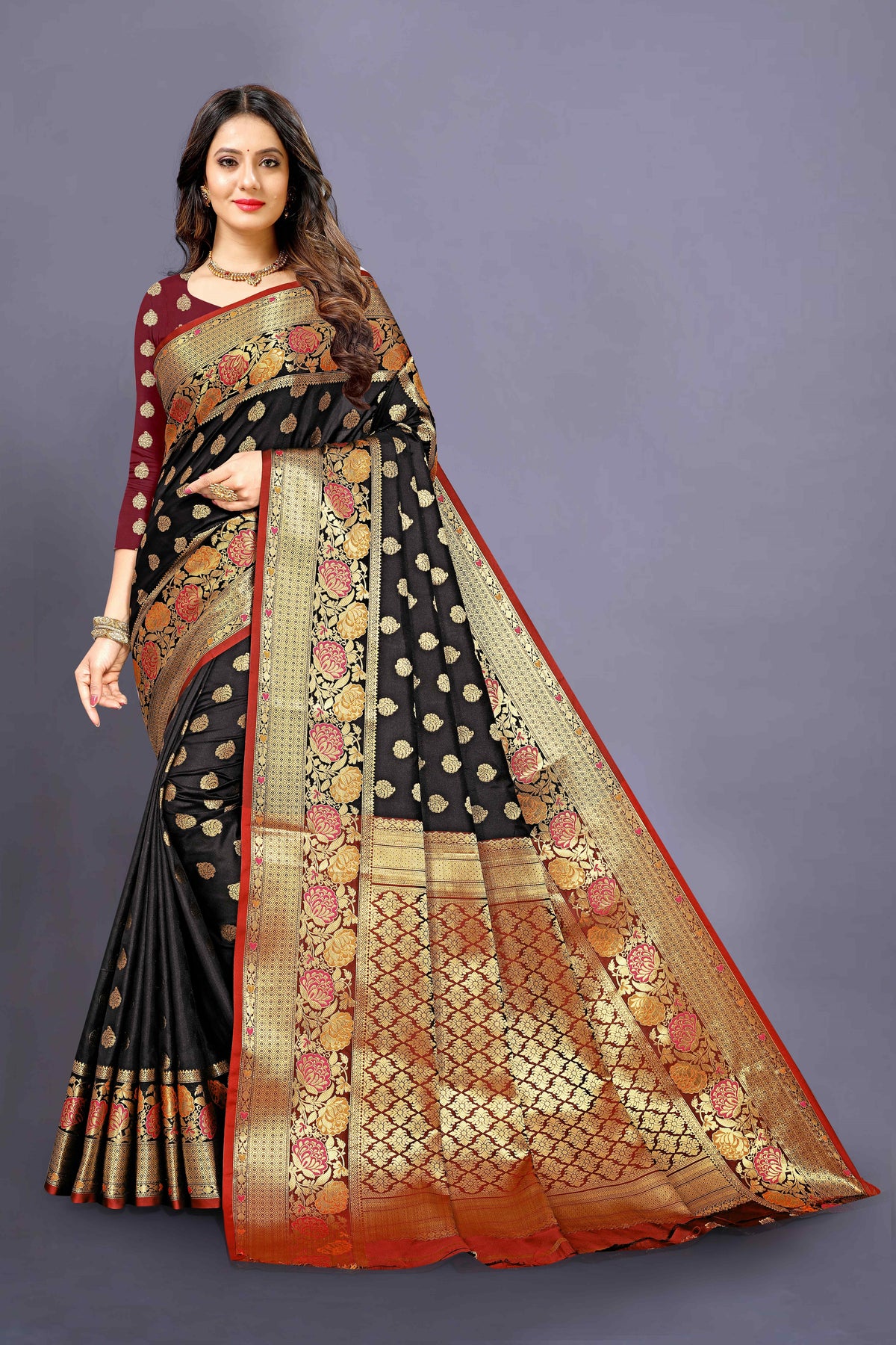 Red and Black color banarasi silk saree - Joshindia