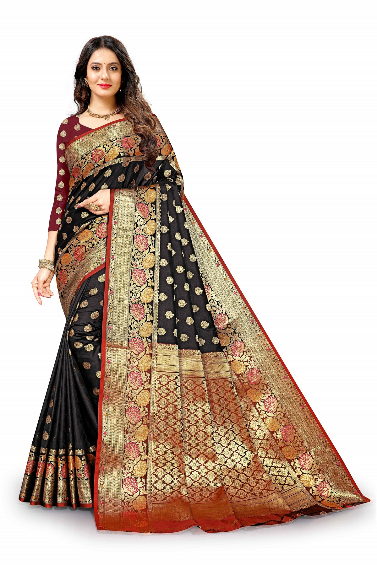 Red and Black color banarasi silk saree - Joshindia