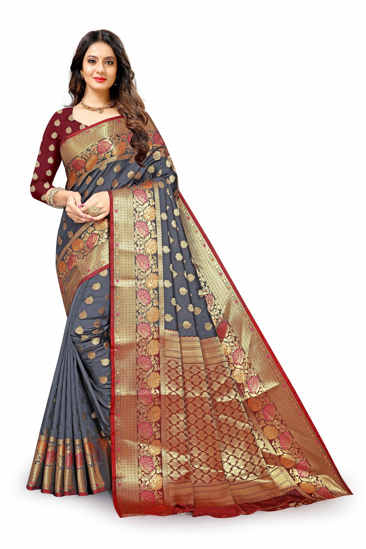 Marun and grey color banarasi silk saree - Joshindia
