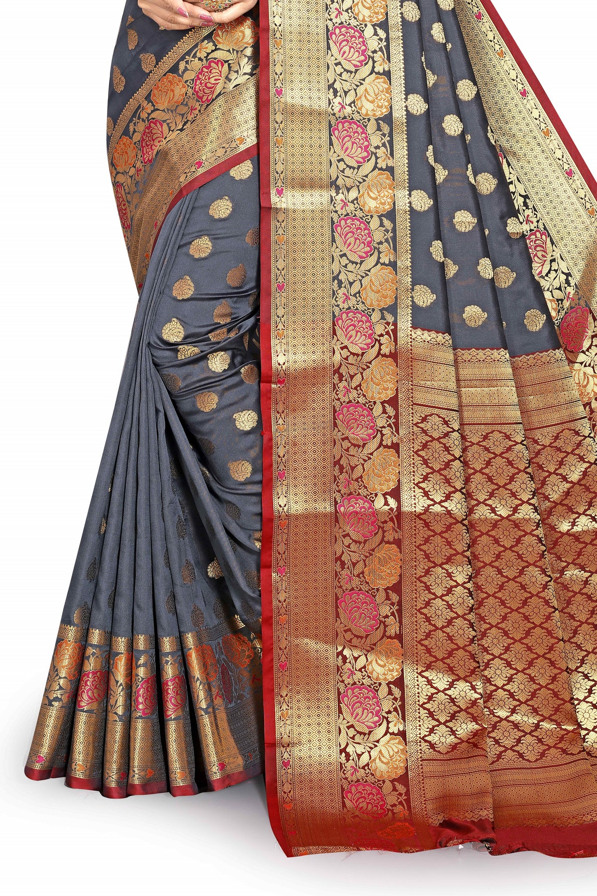Marun and grey color banarasi silk saree - Joshindia