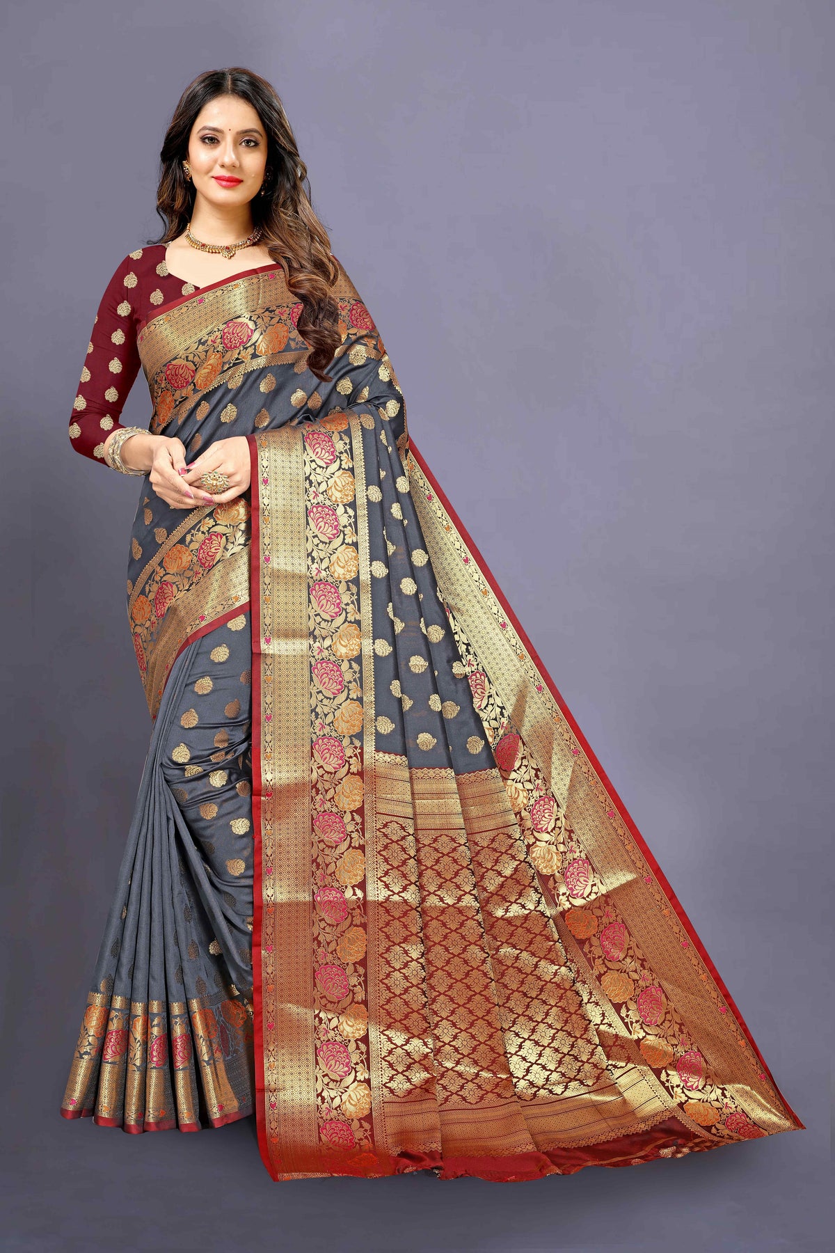 Marun and grey color banarasi silk saree - Joshindia