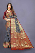 Marun and grey color banarasi silk saree - Joshindia