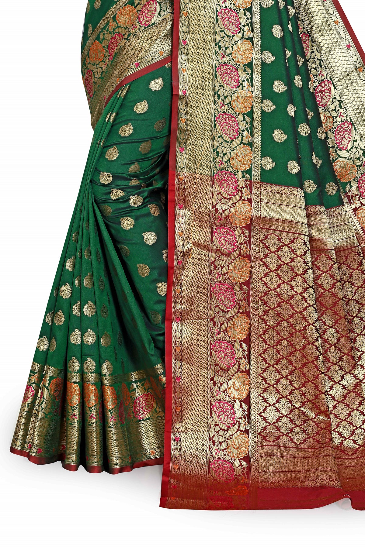 Marun and Green color banarasi silk saree - Joshindia