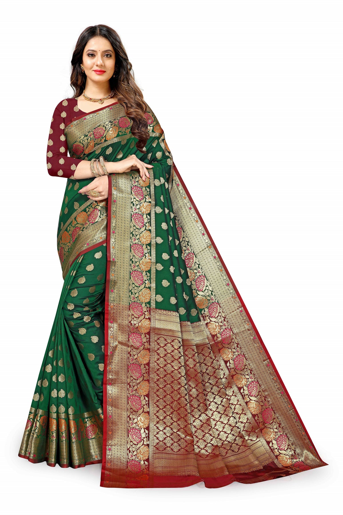 Marun and Green color banarasi silk saree - Joshindia