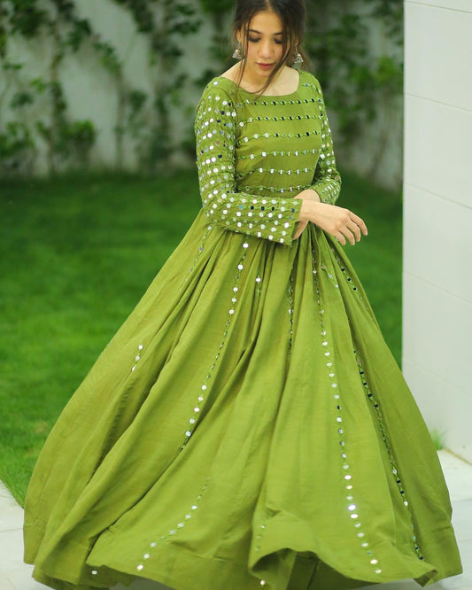 Green color mirror work cotton gown for wedding