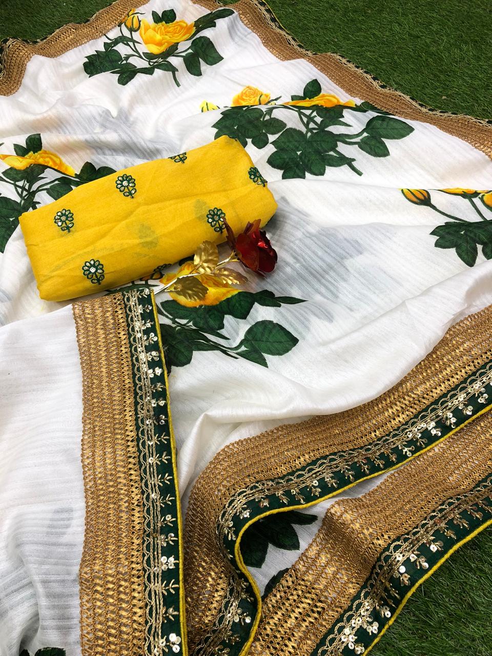 buy white and green printed saree online - Joshindia