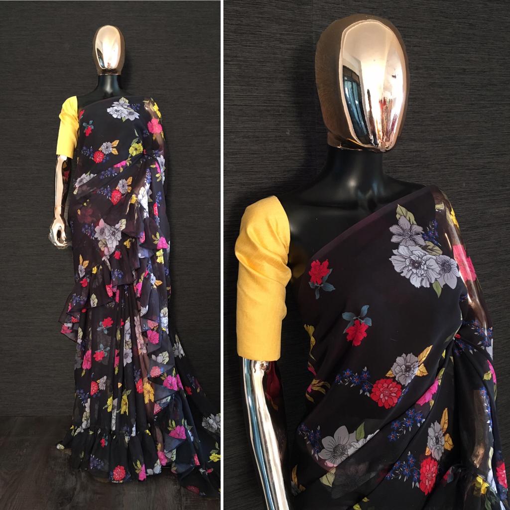 Black Color Georgette Ruffle Saree - Joshindia