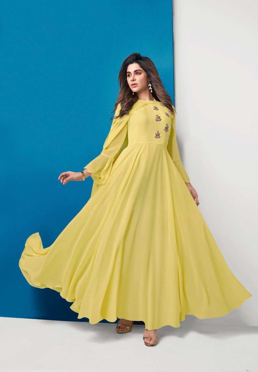 Yellow color designer gown for haldi function – Joshindia