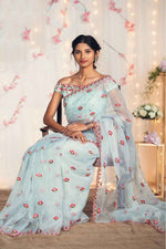 Beautiful sky blue color net designer saree buy now - Joshindia