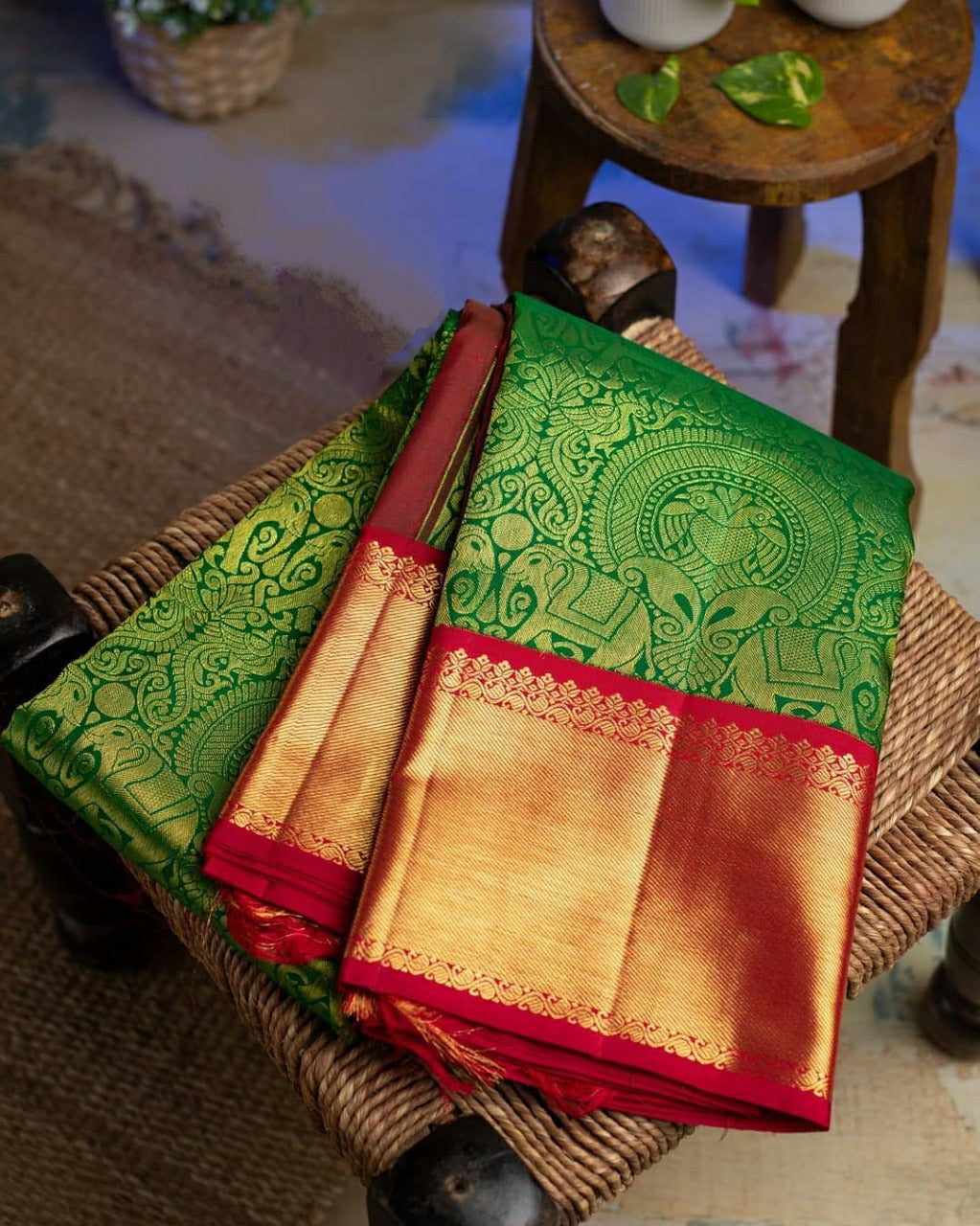 Green and red color pure banarasi saree for traditional look - Joshindia