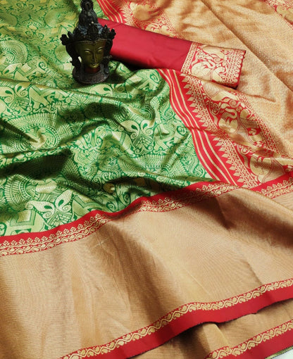 Green and red color pure banarasi saree for traditional look