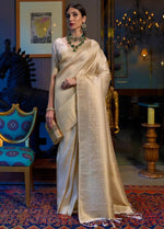 Traditional look cream color pure lichi silk banarasi saree - Joshindia