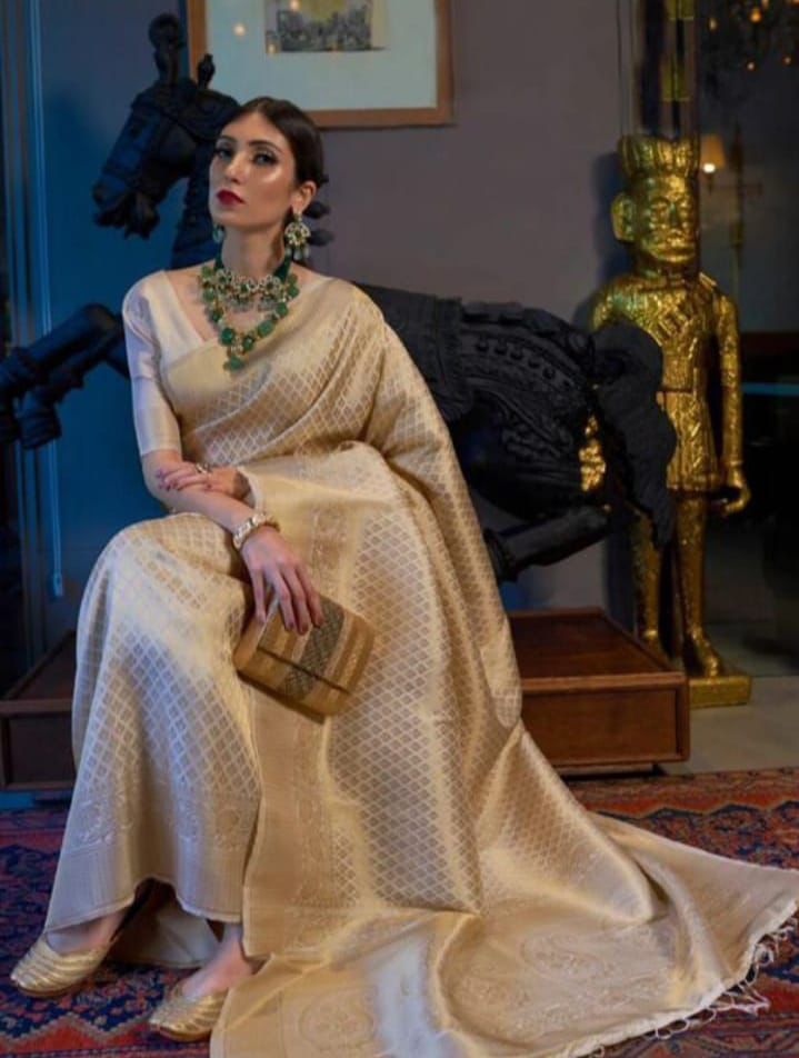 Traditional look cream color pure lichi silk banarasi saree - Joshindia