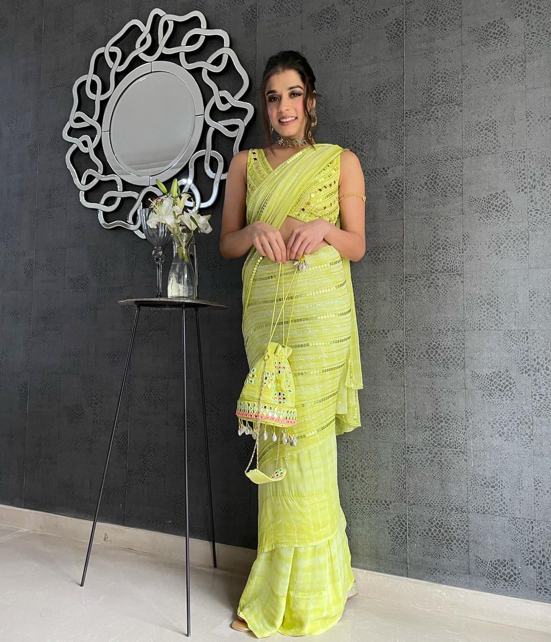 Yellow ruffle designer saree buy online at affordable price - Joshindia