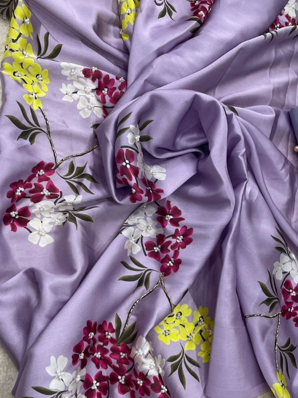 Trending lilac color satin silk saree with hand work buy now - Joshindia