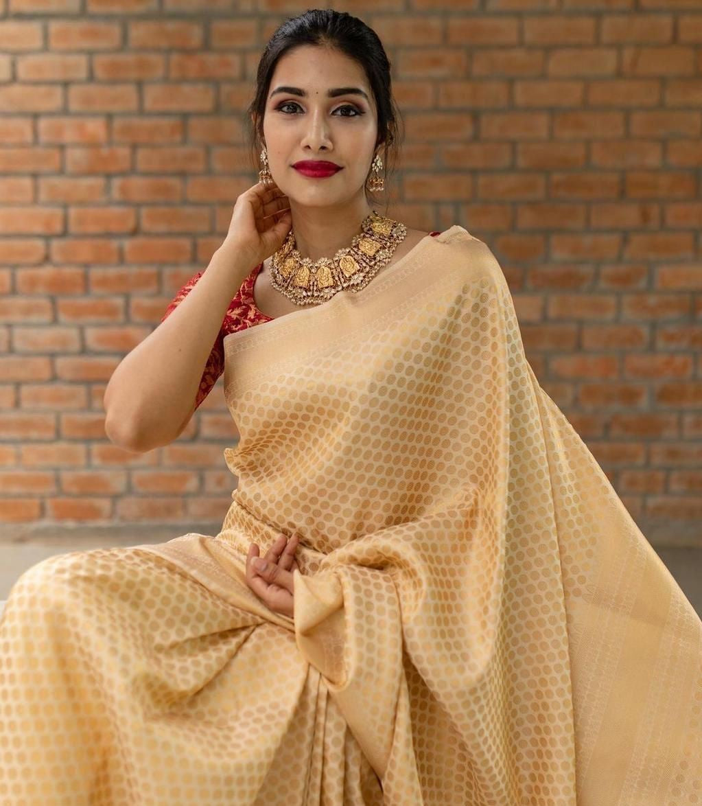 Claasy golden and red silk saree at affordable price - Joshindia