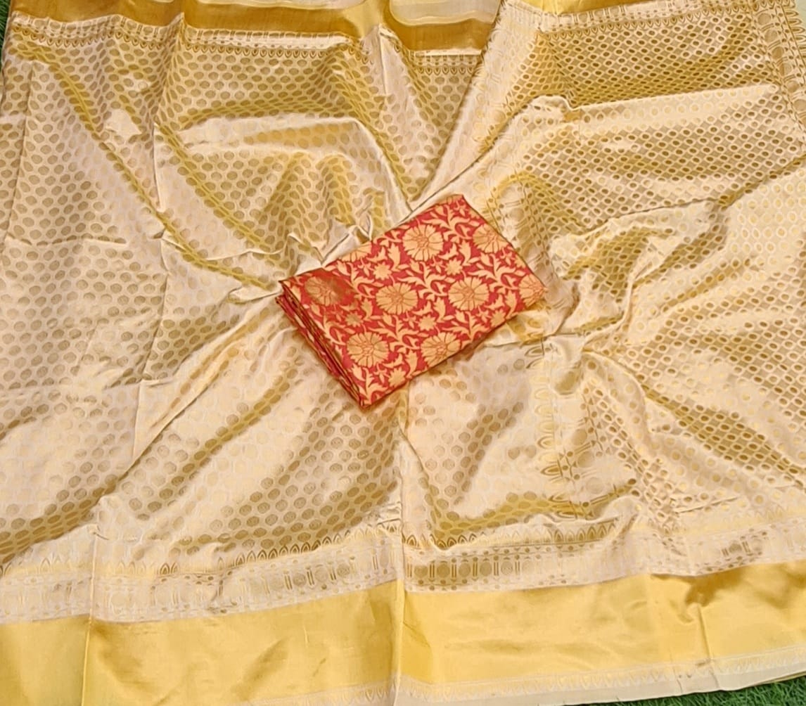 Claasy golden and red silk saree at affordable price - Joshindia