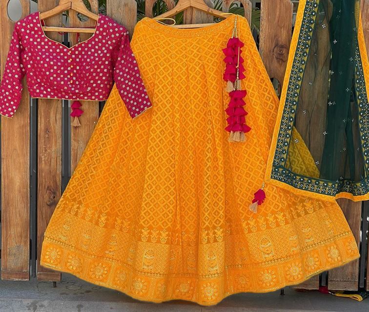 Yellow color lucknowi style lehenga choli for haldi function buy now - Joshindia